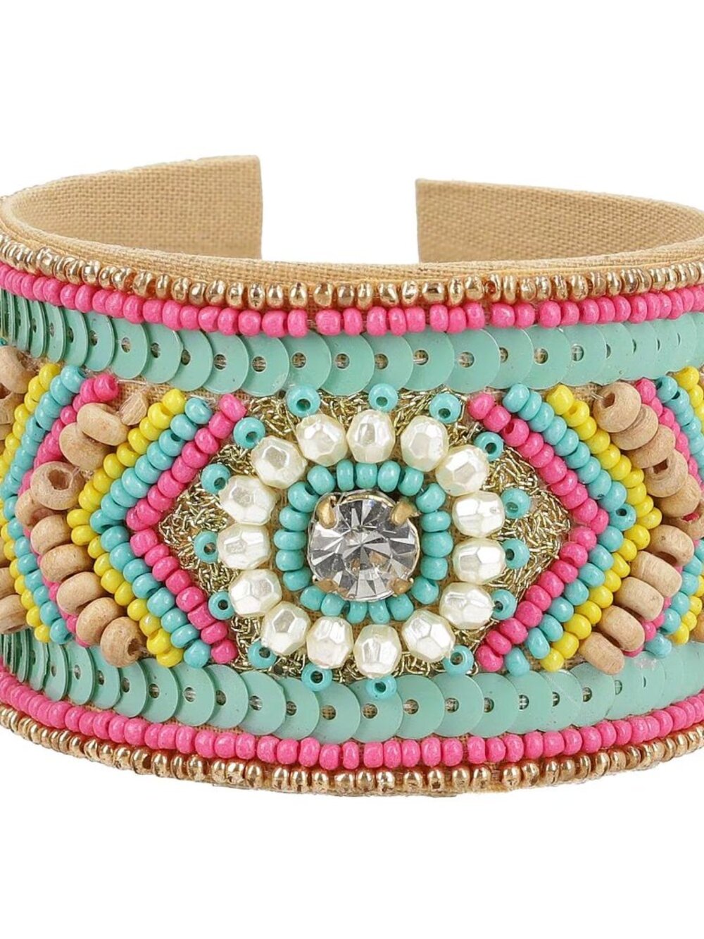 Multi Color Glass Seed Beaded Floral Cuff Bracelet in Goldtone - NEW